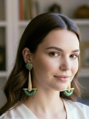 Elegant DD Pave Green Rhinestone and Gold Drop Earrings